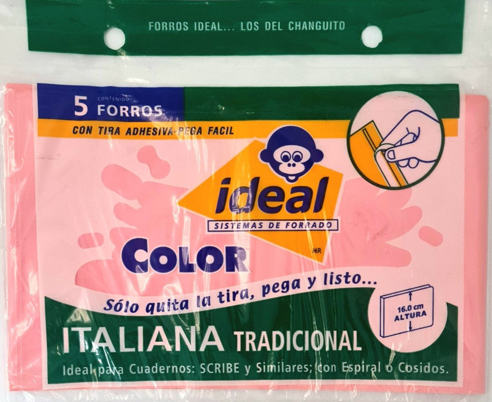 Forro p/Cuaderno Polietil F/ItalianaTradici.Cal.400 c/5 Rosa 16cm Ideal® 4086 Bolsa 7501082140866 01