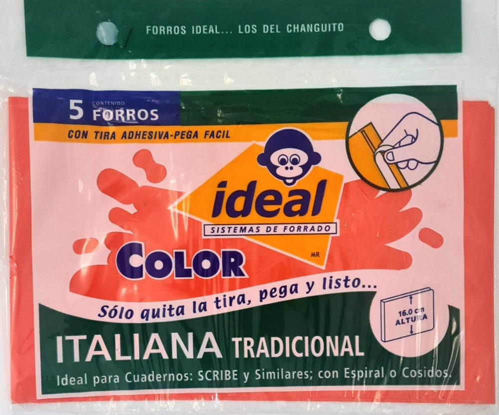 Forro p/Cuaderno Polietil F/ItalianaTradici.Cal.400 c/5 Naranja 16cm Ideal® 4087 Bolsa 7501082140873