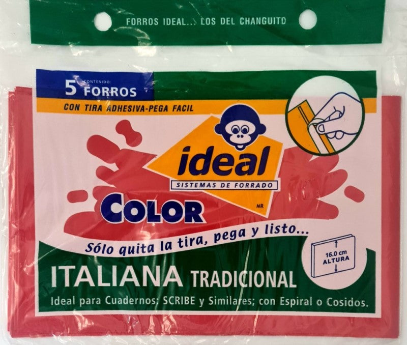 Forro p/Cuaderno Polietil F/ItalianaTradici.Cal.400 c/5 Rojo 16cm Ideal® 4080 Bolsa 7501082140804 01