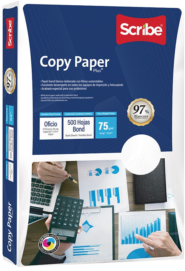 Bond Copy Paper Plus®paq.c/500 50kg Blanco 97% Oficio 75g Scribe® 5280 Resma 7502233377735 01