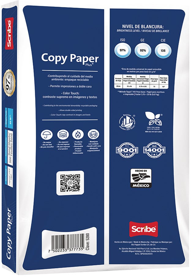 Bond Copy Paper Plus®paq.c/500 50kg Blanco 97% Oficio 75g Scribe® 5280 Resma 7502233377735 02