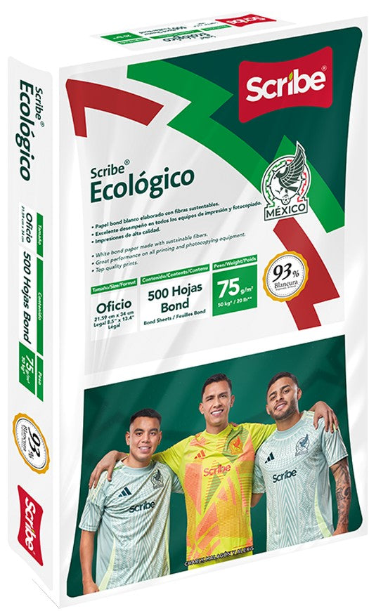 Bond Ecológico pack c/500 50kg Blanco 93% Oficio 75g Scribe® 5296 Resma 7502233377834 01