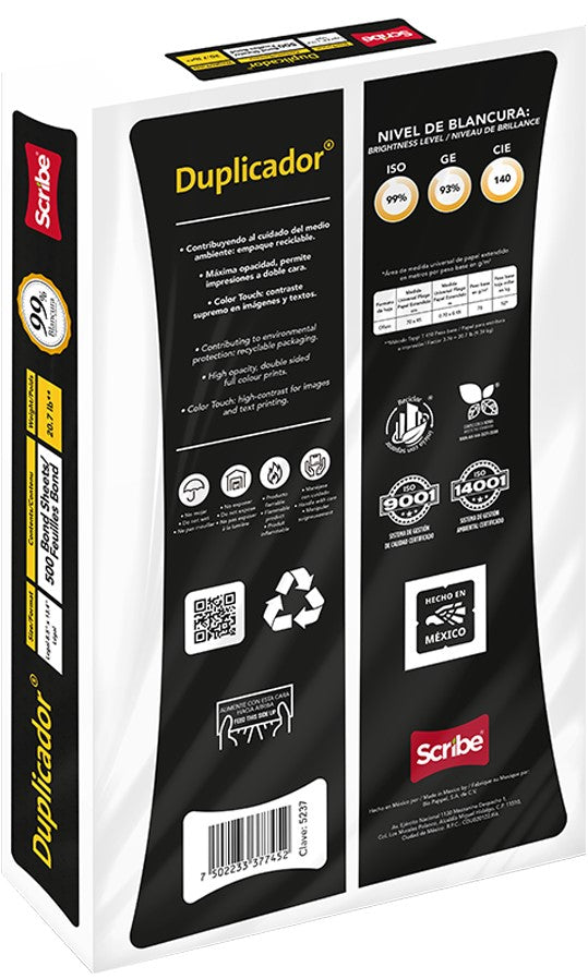 Bond Duplicador pack c/500 50kg Blanco 99% Oficio 75g Scribe® 5237 Resma 7502233377452 03