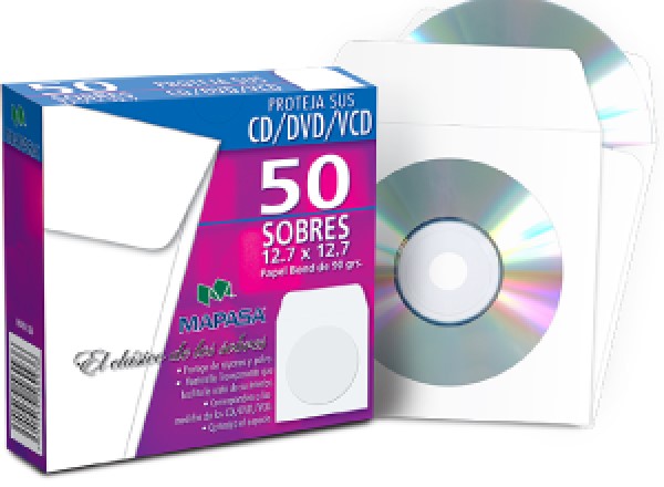 Sobre Bolsa para CD/DVD c/Venta caja c/50 90g Blanco Bond 12.7×12.7 Mapasa® HA0126 7501454569936