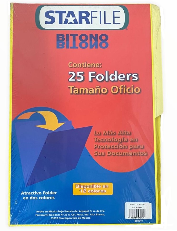 Fólder Bitono Starfile® pack c/25 Amarillo Oficio STARfile® PH0093 Paquete 7501454572417 01