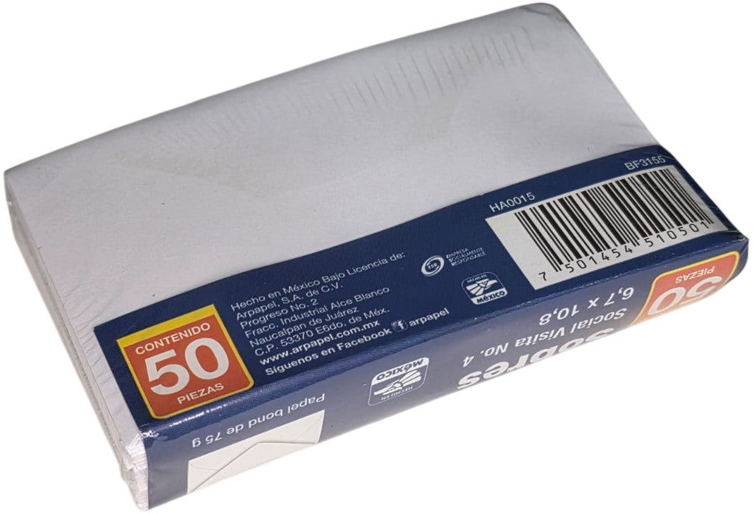 Sobre tarjeta de Visita paquete c/50 75g #404 Blanco Bond 6.7×10.8cm Mapasa® HA0015 Paquete 75014545