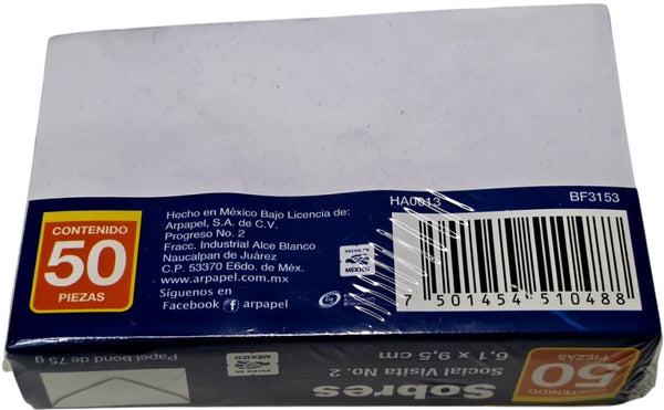Sobre tarjeta de Visita paquete c/50 75g #402 Blanco Bond 6.1×9.5cm Mapasa® HA0013 Paquete 750145451