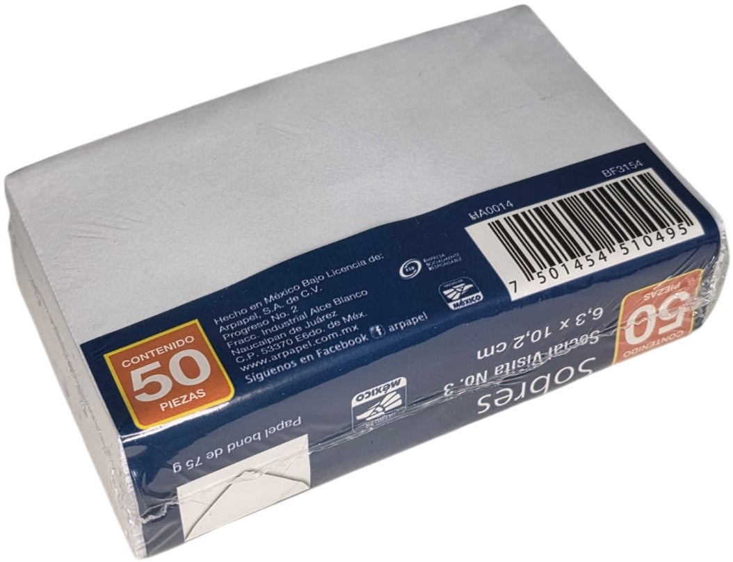 Sobre tarjeta de Visita paquete c/50 75g #403 Blanco Bond 6.3×10.2cm Mapasa® HA0014 Paquete 75014545