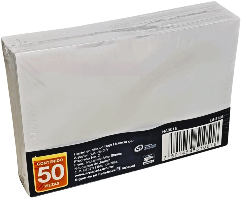Sobre tarjeta de Visita paquete c/50 75g #405 Blanco Bond 7.7×11.4cm Mapasa® HA0016 Paquete 75014545