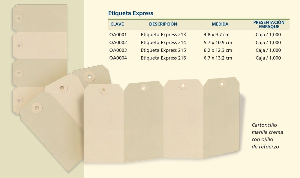 Etiqueta Express 214 c/ojillo de refuerzo Manila-Crema 5.7×10.9 Mapasa® OA0002 Unidad 7501454540027