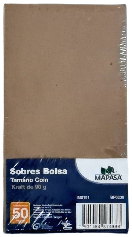 Sobre Bolsa Coin Solapa Engomada pack/50 60kg Kraft 8.8×16.4cm Mapasa® IM0191 [Paquete] 7501454574688 2