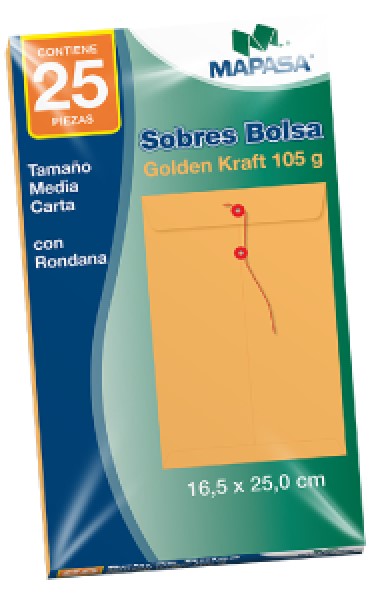 Sobre Bolsa c/Rondana ½ Carta 105g pack c/25 80kg Golden Kraft 16.5×25cm Mapasa® IA0329 [Paquete]