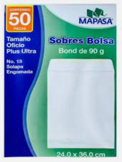 Sobre Bolsa 13 Oficio paquete c/50 60kg Blanco Bond 24×36 Mapasa® IA0313 7501454573407