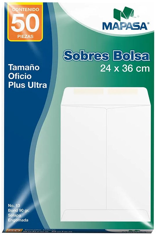 Sobre Bolsa 13 Oficio paquete c/50 60kg Blanco Bond 24×36cm Mapasa® IA0313 7501454573407