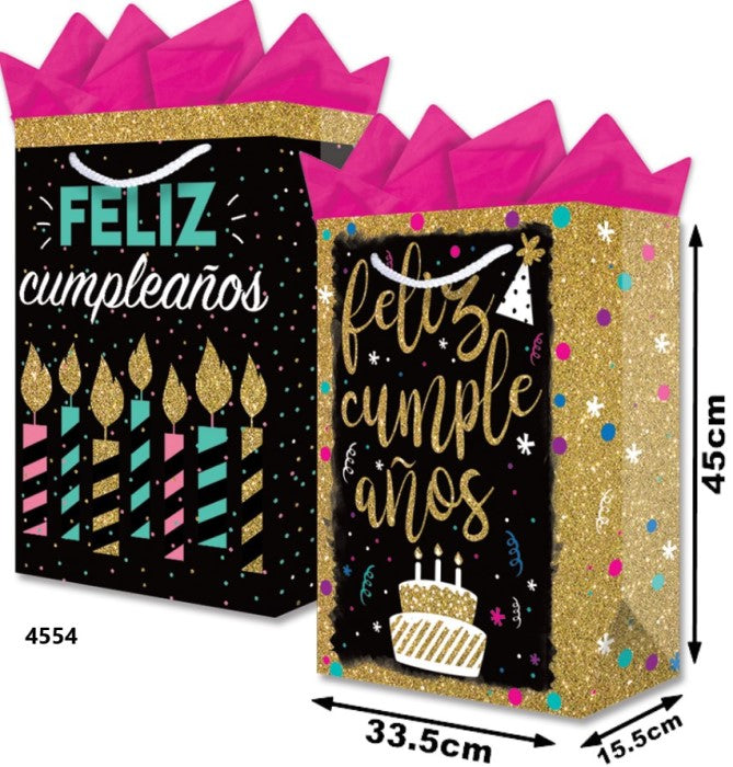 Bolsa p/RegaloTodaOcasión Feliz Cumple Oro Velas Jumbo 33½×45+15½ granmark® 844-4554/6 Pieza 7512146