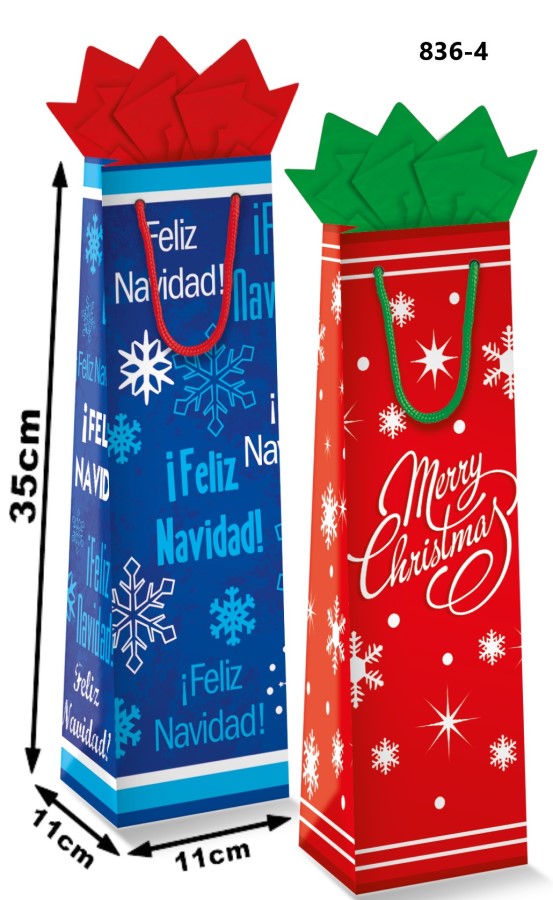 Bolsa p/Regalo Navidad Frases Copos Vino p/Botella 11×35+11cm granmark® 836-4/6 Pieza 751214604286 0