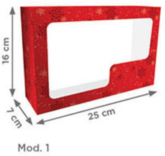 Caja Cartón Lunch Navidad Copos de Nieve Rojo c/ventana 16×25×7cm granmark® 508/1 Pieza 751214902221