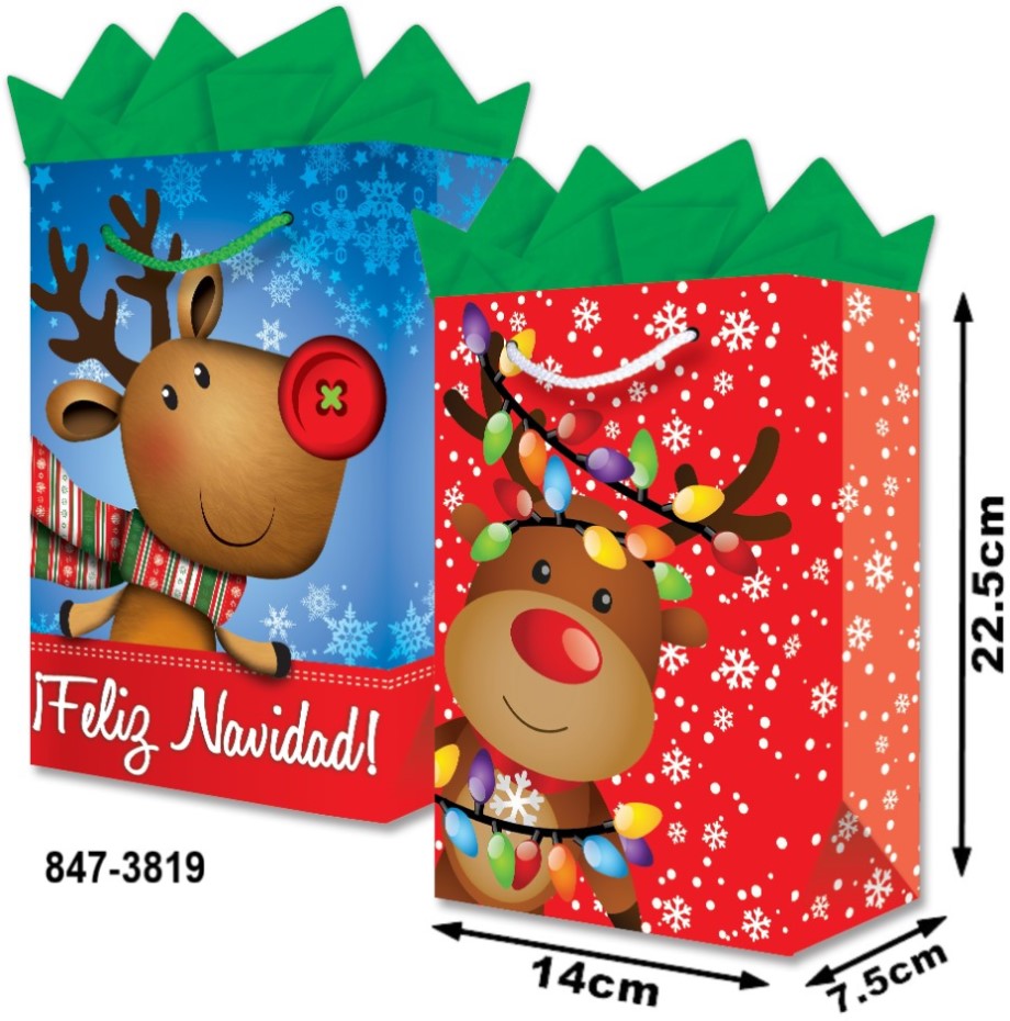 Bolsa p/Regalo Navidad Reno - Botón Mate Chica 14×22½+7½ granmark® 847-3819/6 Pieza 751214475688 01