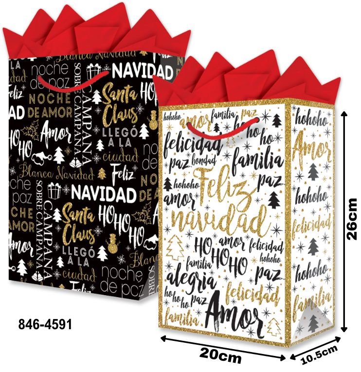 Bolsa p/Regalo Navidad Letras Oro/Negro Media 20×26+10½ granmark® 846-4591/6 Pieza 751214611994 01