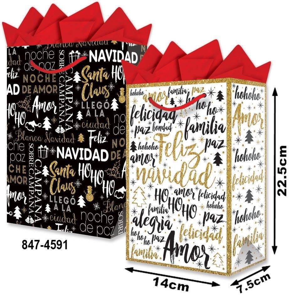 Bolsa p/Regalo Navidad Letras Oro/Negro Chica 14×22½+7½ granmark® 847-4591/6 Pieza 751214612014 01