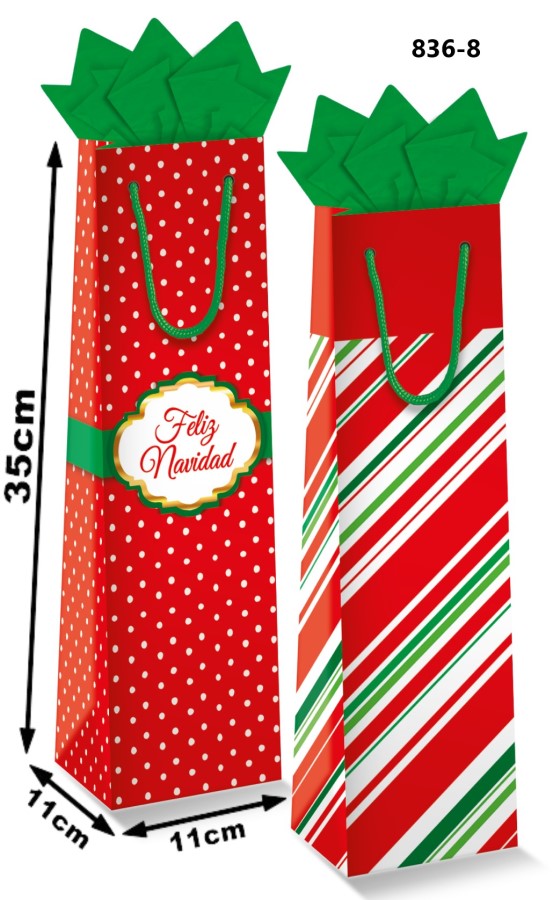 Bolsa p/Regalo Navidad Patrón Rayas - Puntos Vino p/Botella 11×35+11cm granmark® 836-8/6 Pieza 75121