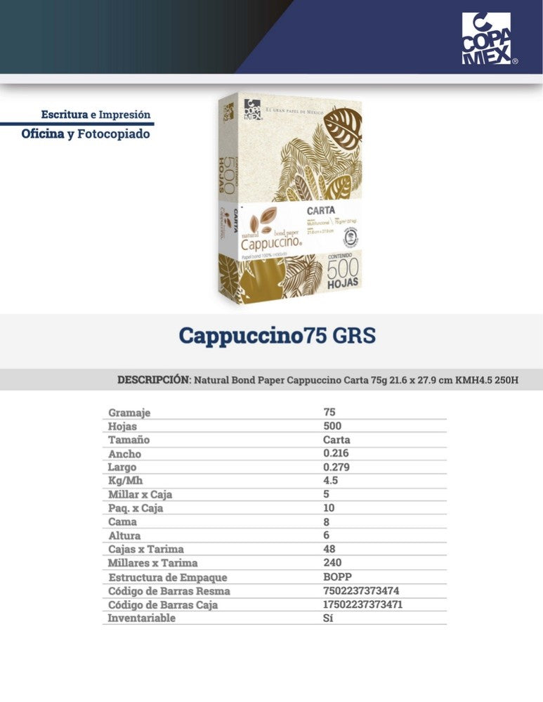 Bond Natural Bond Paper c/500 37kg Cappuccino Carta 75g Copamex® Resma 7502237373474 02