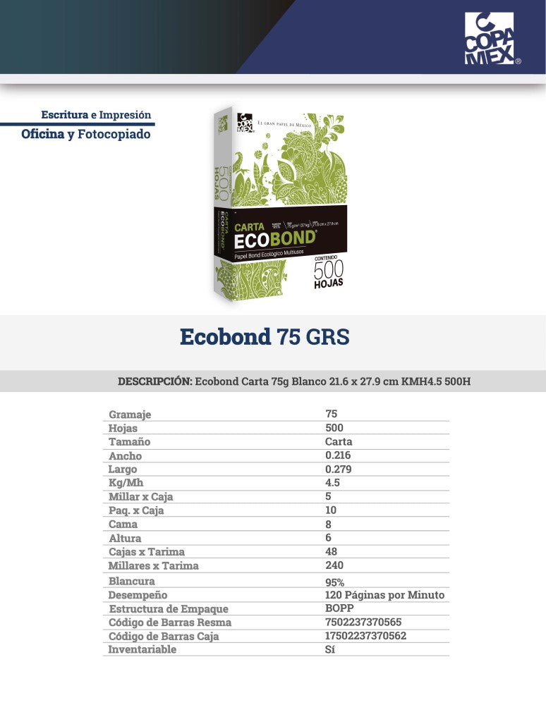 Bond Ecobond paquete c/500 37kg Blanco 95% Carta 75g Copamex® Resma 7502237370565 02