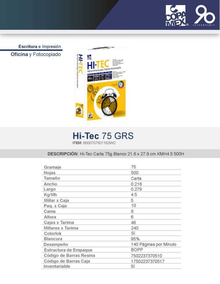 Bond Hi-Tec paquete c/500 37kg Blanco 95% Carta 75g Copamex® Resma 02