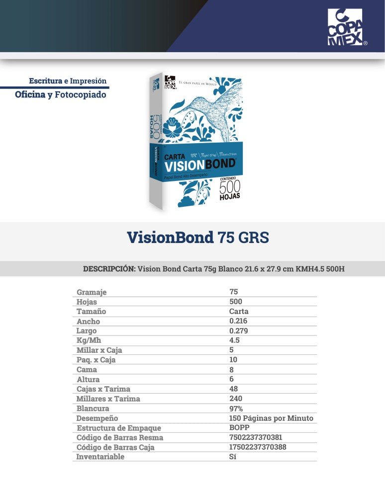 Bond Visión paquete c/500 37kg Blanco 97% Carta 75g Copamex® Resma 701664105710 02
