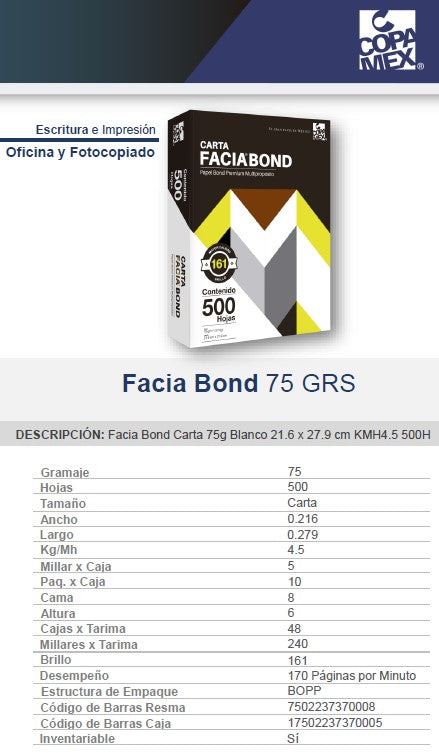 Bond Facia paquete c/500 37kg Blanco 100% Carta 75g Copamex® Resma 7502237370008 02