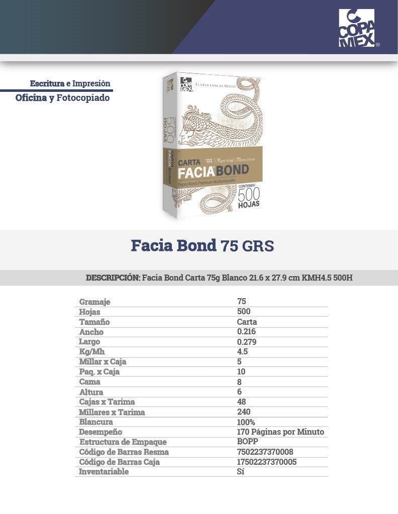Bond Facia paquete c/500 37kg Blanco 100% Carta 75g Copamex® Resma 7502237370008 02