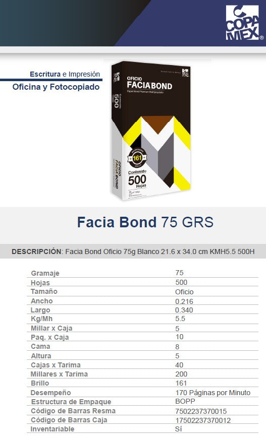 Bond Facia paquete c/500 50kg Blanco 100% Oficio 75g Copamex® Resma 7502237370015 02