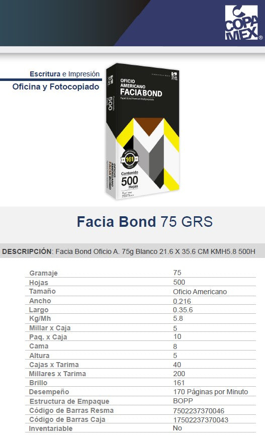 Bond Facia paquete c/500 50kg Blanco 100% Of.Amer75g Copamex® Resma 7502237370046 02