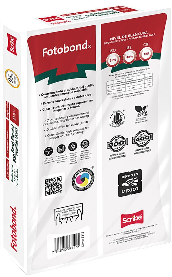 Bond Fotobond pack c/500 75g 37kg Blanco 95% DobleCarta Scribe® 5315 Resma 7502233377575 03