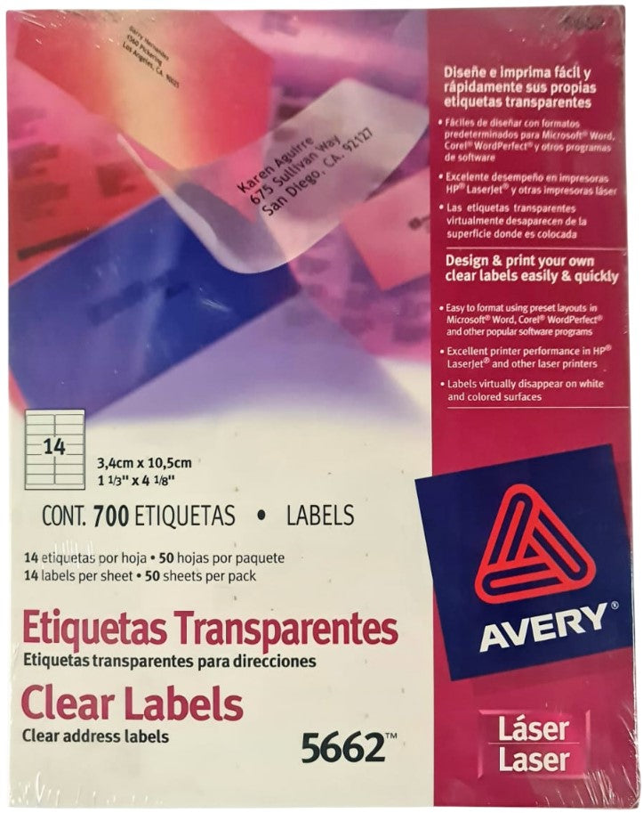 Etiqueta p/Impresora Láser c/700 14 × Hoja 50hjs TransparenteMat 1-1/3×4" Avery® 5662 [Caja] 72782056629 Imagen principal del producto
