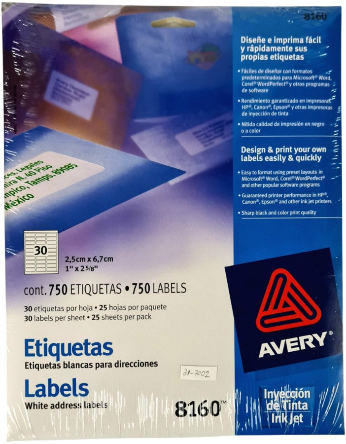 Etiqueta p/Impresora Ink-Jet c/750 30 × Hoja 25hjs TransparenteMat 1×2-5/8" Avery® 8160 [Sobre] 72782681609