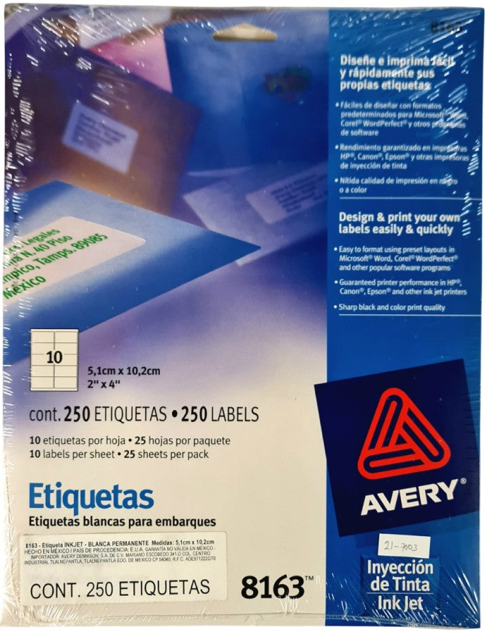 Etiqueta p/Impresora Ink-Jet c/250 10 × Hoja 25hjs Blanco 2×4" Avery® 8163 [Sobre] 72782681630