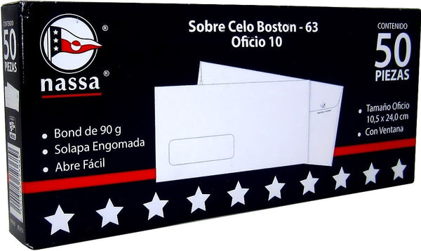 Sobre c/Ventana Celo-Boston pack c/50 90g Blanco Bond Oficio 10 Nassa® HA0205 [Caja] 7501523723689