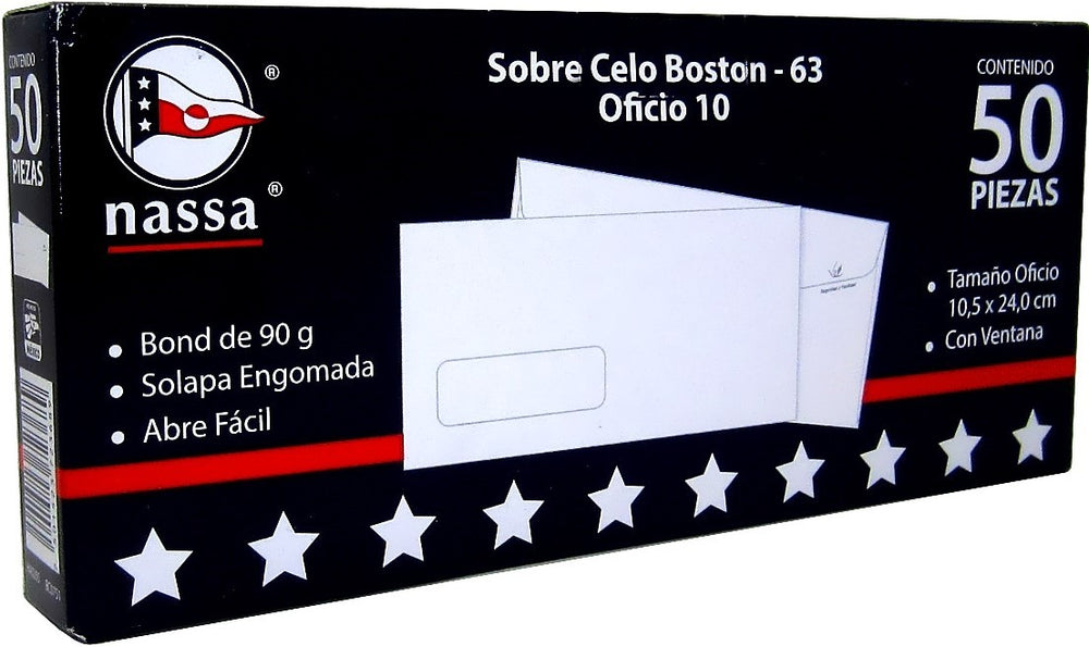 Sobre c/Ventana Celo-Boston pack c/50 90g Blanco Bond Oficio 10 Nassa® HA0205 [Caja] 7501523723689