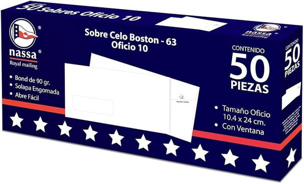 Sobre c/Ventana Celo-Boston pack c/50 90g Blanco Bond Oficio 10 Nassa® HA0205 [Caja] 7501523723689 2