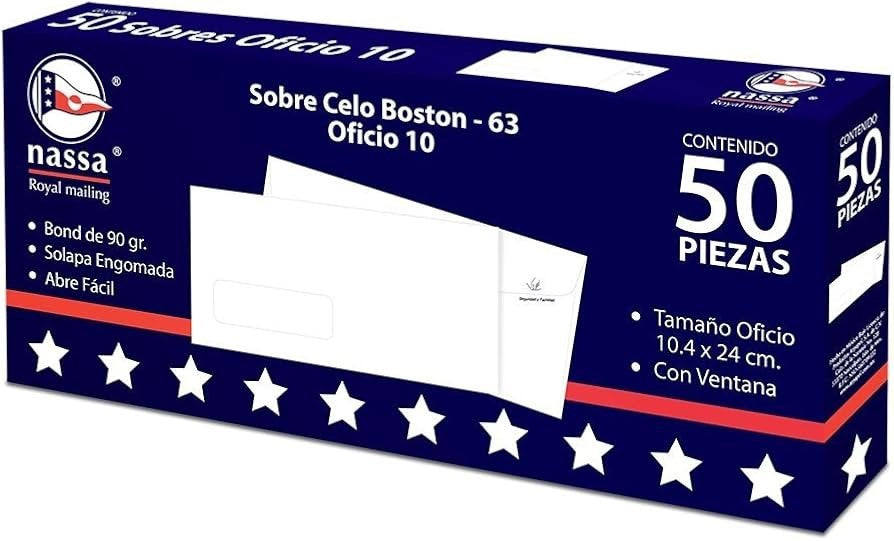 Sobre c/Ventana Celo-Boston pack c/50 90g Blanco Bond Oficio 10 Nassa® HA0205 [Caja] 7501523723689 2