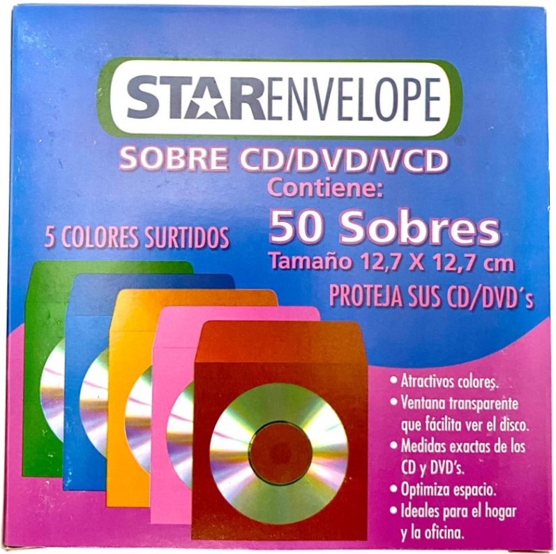 Sobre Bolsa para CD/DVD c/Venta caja c/50 60kg Colores 12.7×12.7 STARfile® HA0148 7501454571564
