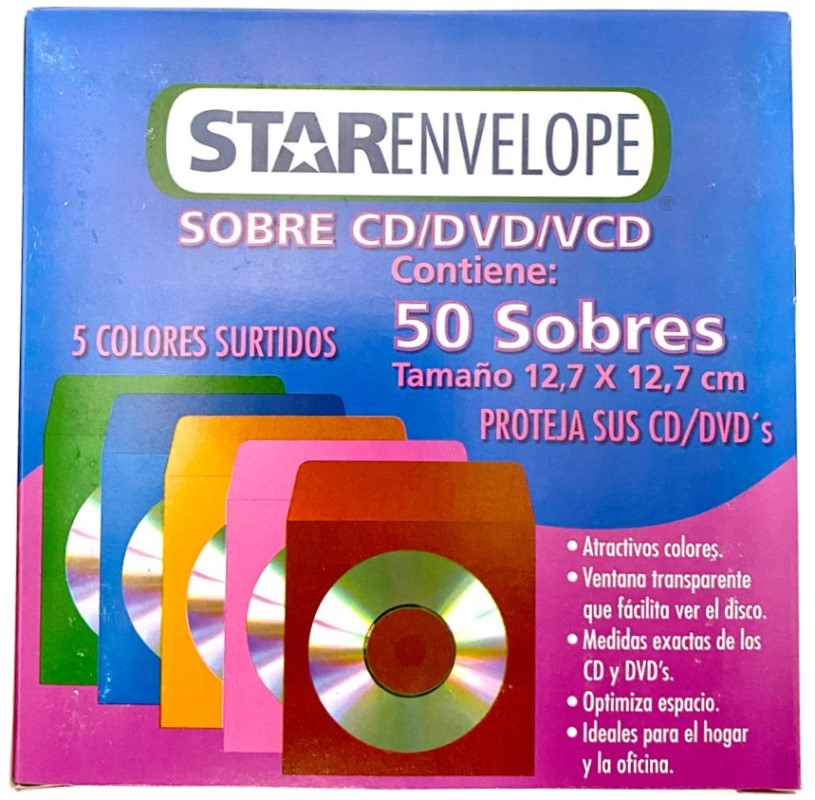 Sobre Bolsa p/CD paquete c/50 60kg Colores 12.7×12.7 STARfile® HA0148 7501454571564