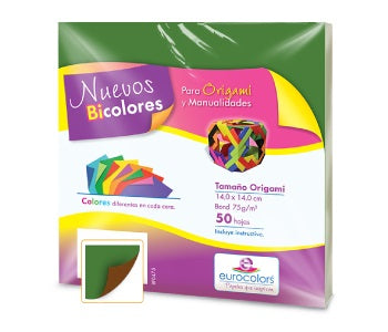 Papel p/Origami E-Bicolor 50hjs VerdePasto-Café 14×14cm eurocolors EC1024 Paquete 7501454602022 01