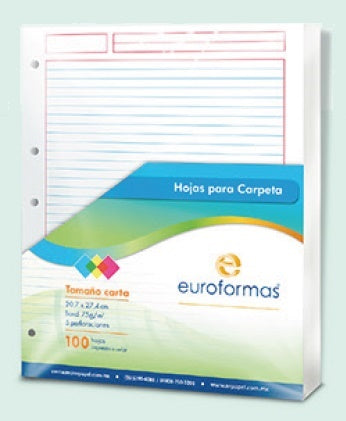 Papel p/Carpeta Carta 3 perforaciones 100 hojas Raya euroformas® RA0268 [Paquete] 7501523725744