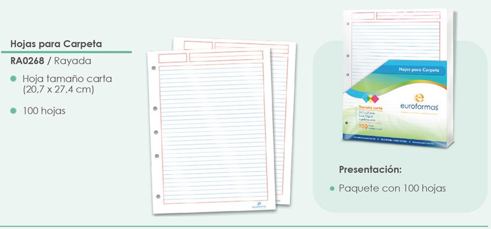 Papel p/Carpeta Carta 3 perforaciones 100 hojas Raya euroformas® RA0268 [Paquete] 7501523725744 2