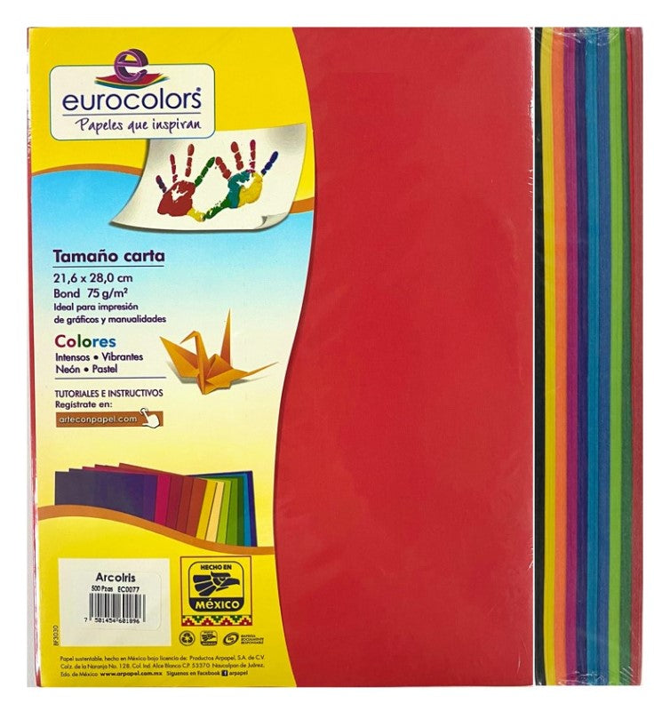 Papel Bond Color Eurocolor pack c/500 Colores (10) Carta eurocolors EC0077 Resma 7501454601896 01