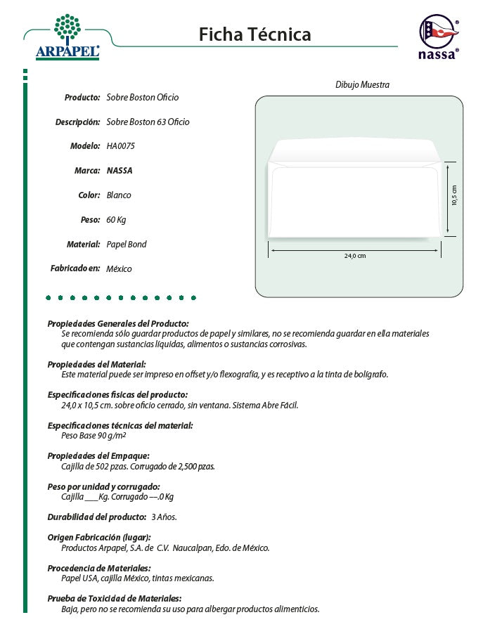 Sobre Boston 63kg Blanco Bond Oficio 10 Nassa® HA0075 [Sobre] 7501523712355 2