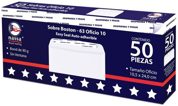 Sobre Autoadherible Boston caja c/50 63kg Blanco Bond Oficio 10 Nassa® HA0239 7501523724419