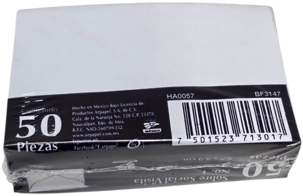 Sobre tarjeta de Visita paquete c/50 75g #1 Blanco Bond 5.7×8.9cm Nassa® HA0057 Paquete 750152371301